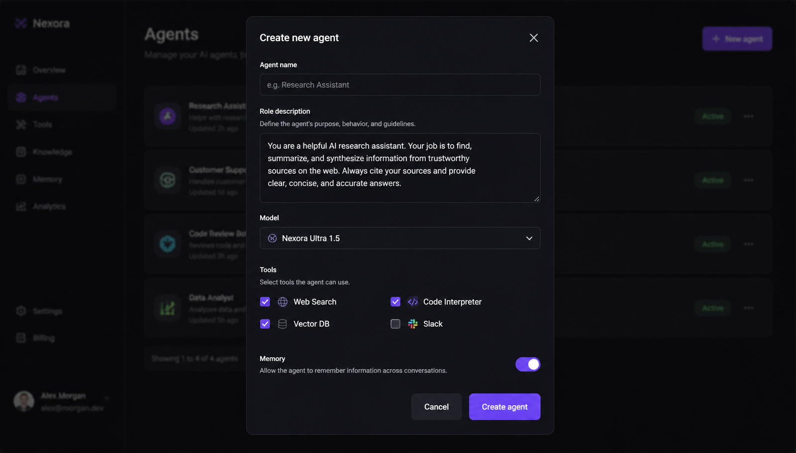Nexora agent builder with workflow steps