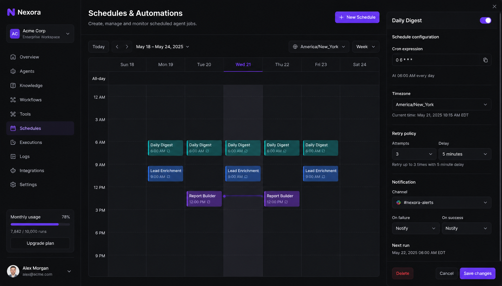 Nexora scheduling view for recurring agent runs